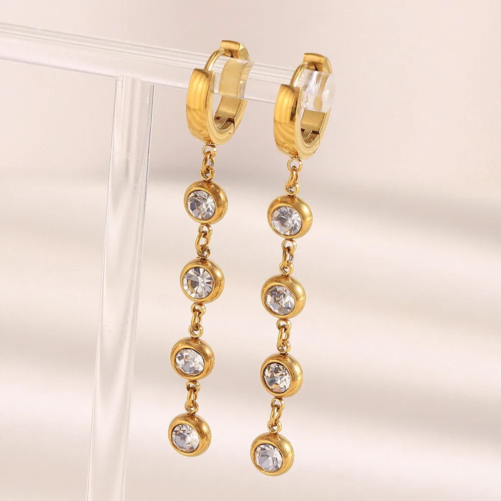 Elegant Long Tassel Dangle Earrings For Women 18K Gold Plated Stainless Steel With Round Clear Zirconia Geometric
