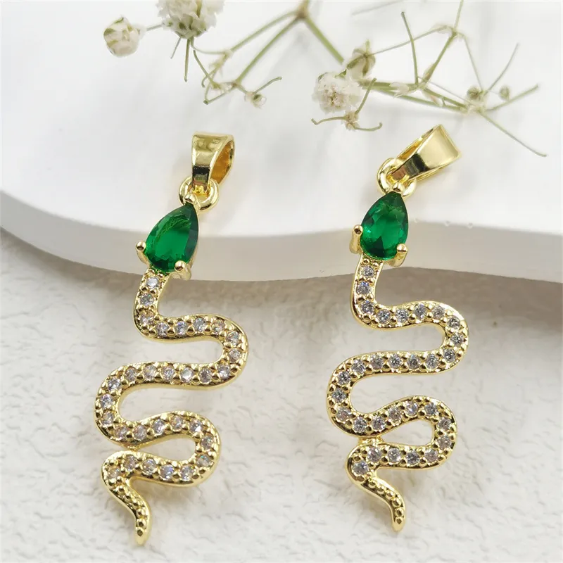 Vintage Copper Snake Pendant Only For Women Elegant Green Pear Stone Pave Rhinestone Animal Jewelry Without Chain Gold Color