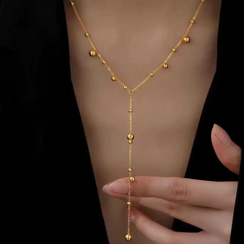 Y-Shaped Tassel Necklace Stainless Steel 18K Gold Plated Round Beads Long Lariat Elegant Chain For Women