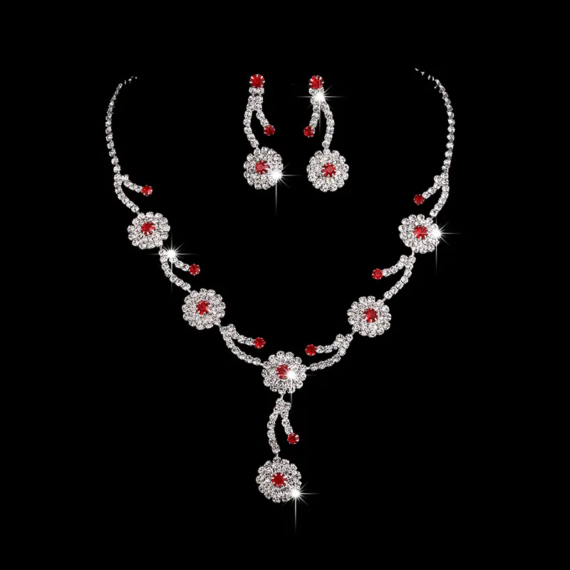 Elegant Alloy Rhinestone Necklace Earrings Silver Red Flower Water Drop Bridal Wedding Jewelry For Women Prom Banquet Accessories