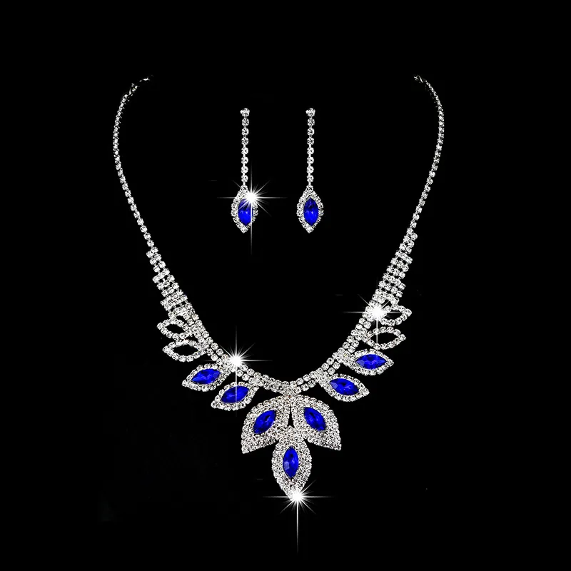 Luxury Silver Plated Copper Rhinestone Jewelry Set For Women Elegant Waterdrop Marquise Crystal Necklace Earrings Set For Wedding Banquet Party