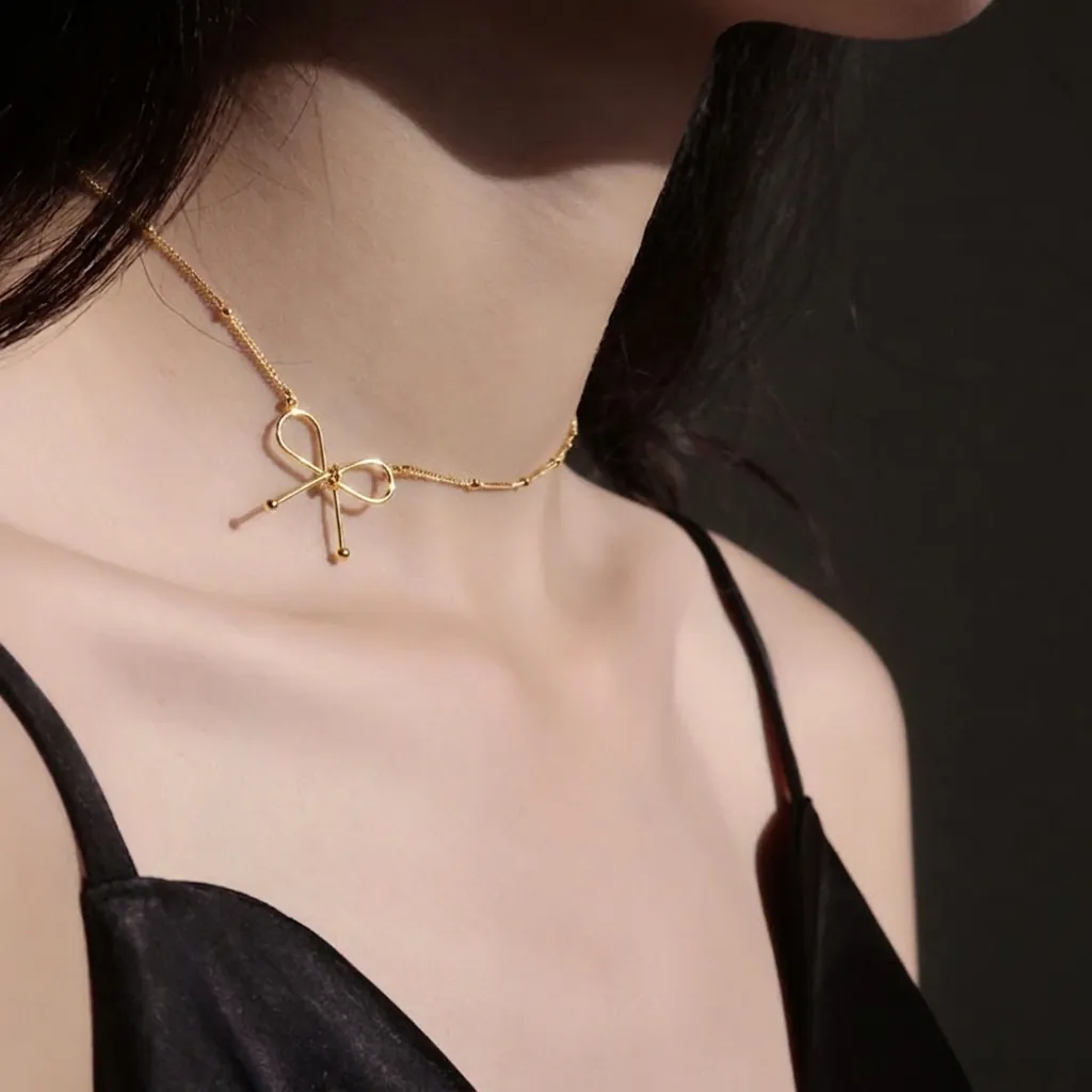 Minimalist Alloy Gold Plated Bowknot Choker Necklace For Women French Retro Bow Pendant Clavicle Chain Jewelry Gift