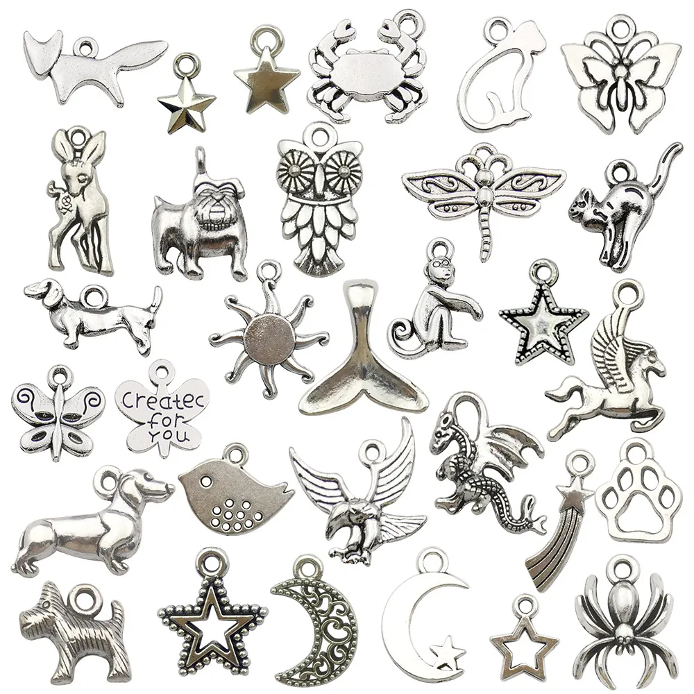 30PCS Antique Silver Zinc Alloy Mixed Charms Pendants DIY Jewelry Making Necklace Antique Animal Star Moon Sun Charms