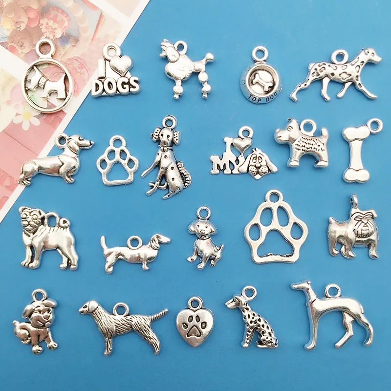 Vintage Antique Silver Alloy Dog Charms Pendants Mixed Animal Breeds Paw Bone Shapes For DIY Necklace Bracelet Making