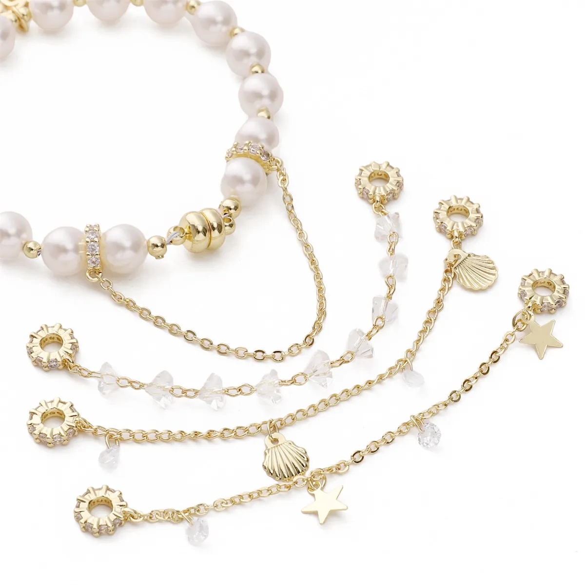 Gold Silber Plattiert Kupfer Strass Sicherheitskette Für Armband Halskette Herstellung Stern Mond Muschel Künstliche Perle DIY Schmuck Verbinder Zubehör Für Damen
