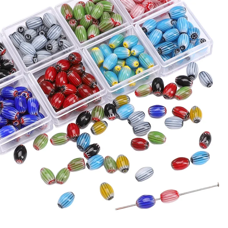Vintage Millefiori Glass Beads Oval Chevron Striped Lampwork Loose Spacer Beads For DIY Jewelry Making Bracelet Necklace Handmade