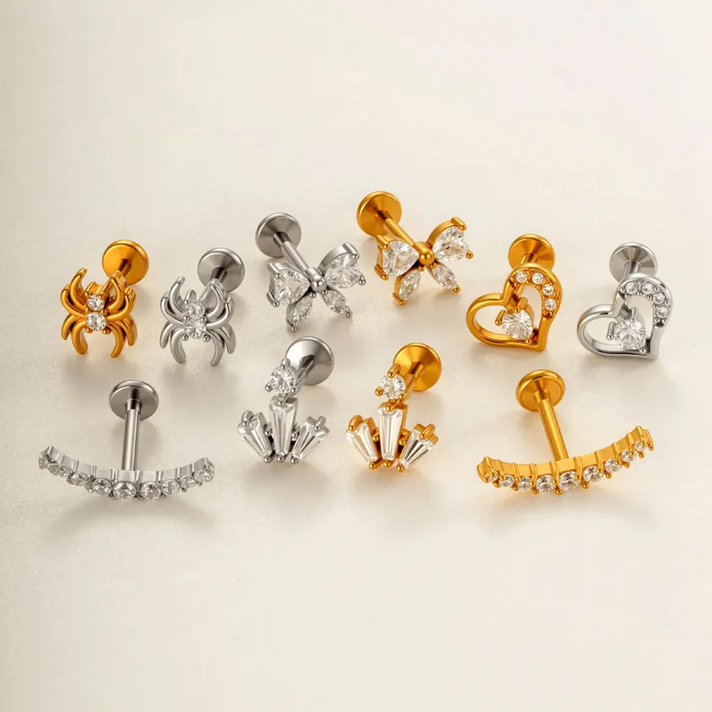 Pendientes de Botón Labret con Rosca Interna de Acero Inoxidable Mariposa Corazón Araña Serpiente Joyería de Piercing de Circonia para Mujer