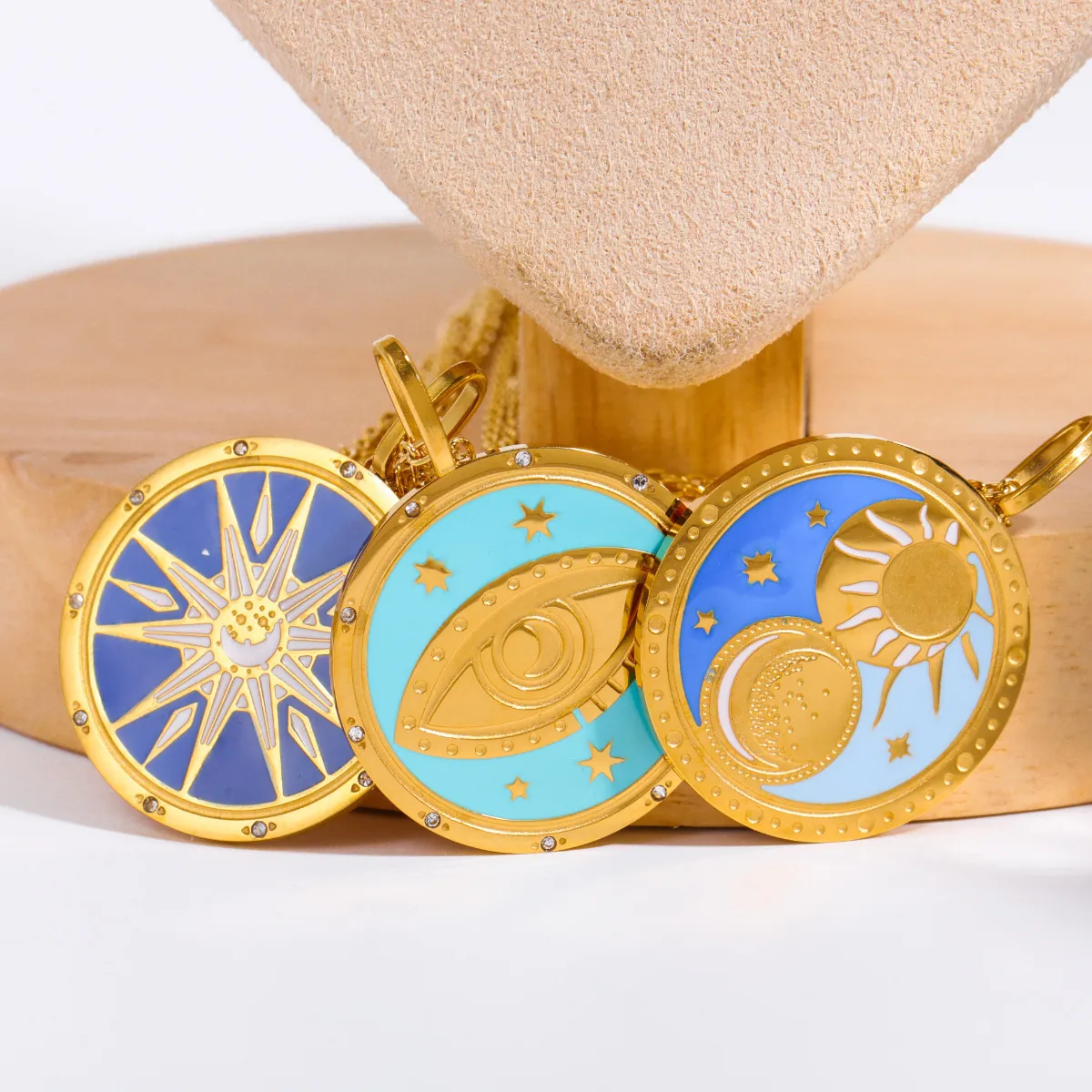 Vintage Tarot Stainless Steel Necklace 18K Gold Plated Enamel Round Pendant Celestial Sun Moon Star Evil Eye For Women
