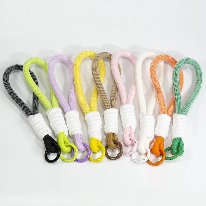 Handmade Woven Rope Lanyard Keychain For Phone Case Bag Charm Braided Wrist Strap With Metal Circle Snap Hook Accessory
