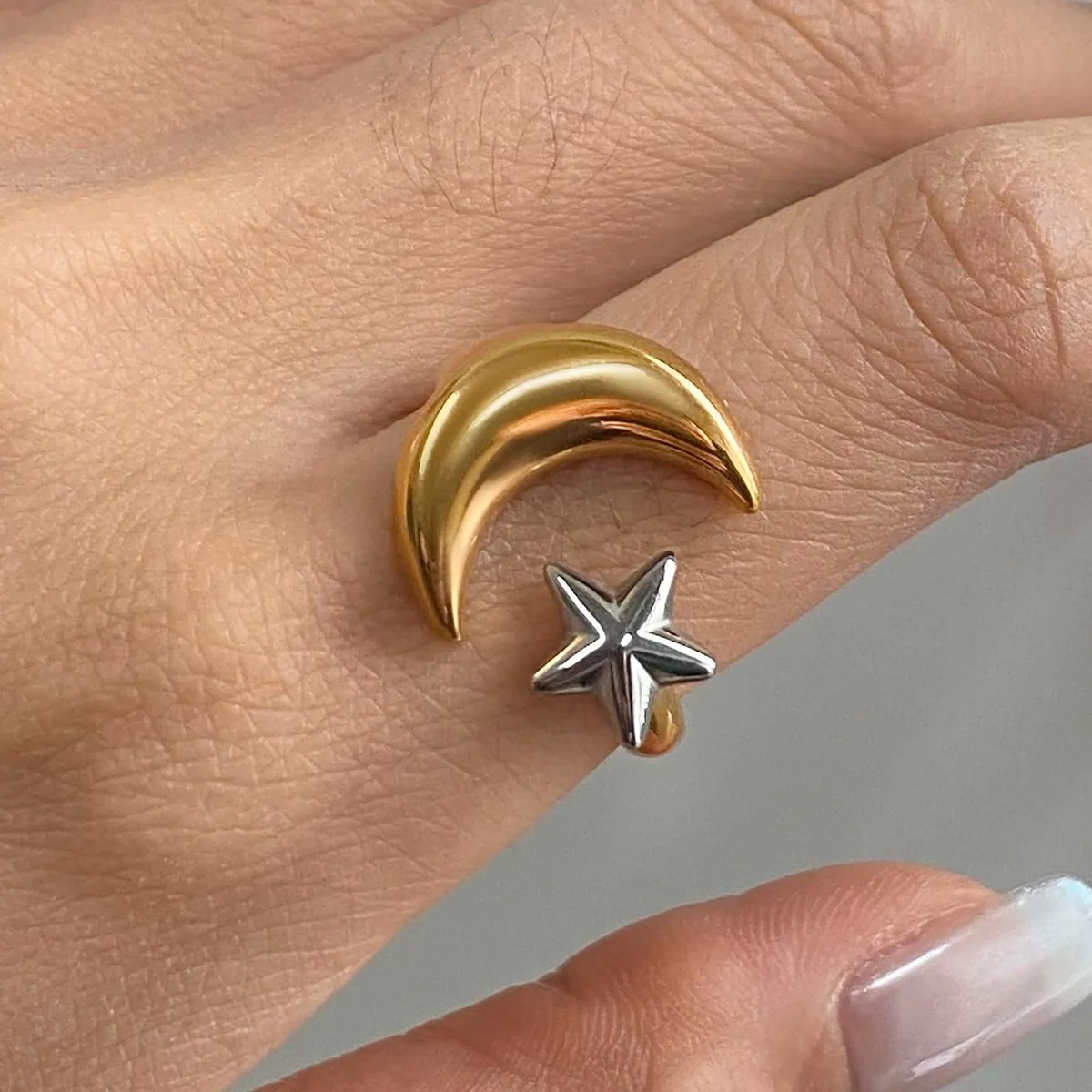 Star Moon Open Ring Stainless Steel Waterproof Hypoallergenic Chic Adjustable Jewelry For Women Girls Elegant Gift