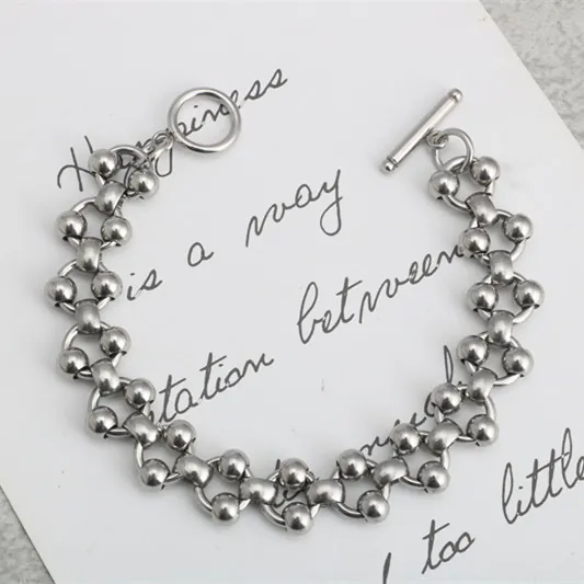 Bracelet Chaîne à Perles Rondes Évidées en Acier Titane Punk pour Hommes Femmes Minimaliste Industrie Lourde Bijoux en Métal Cadeau