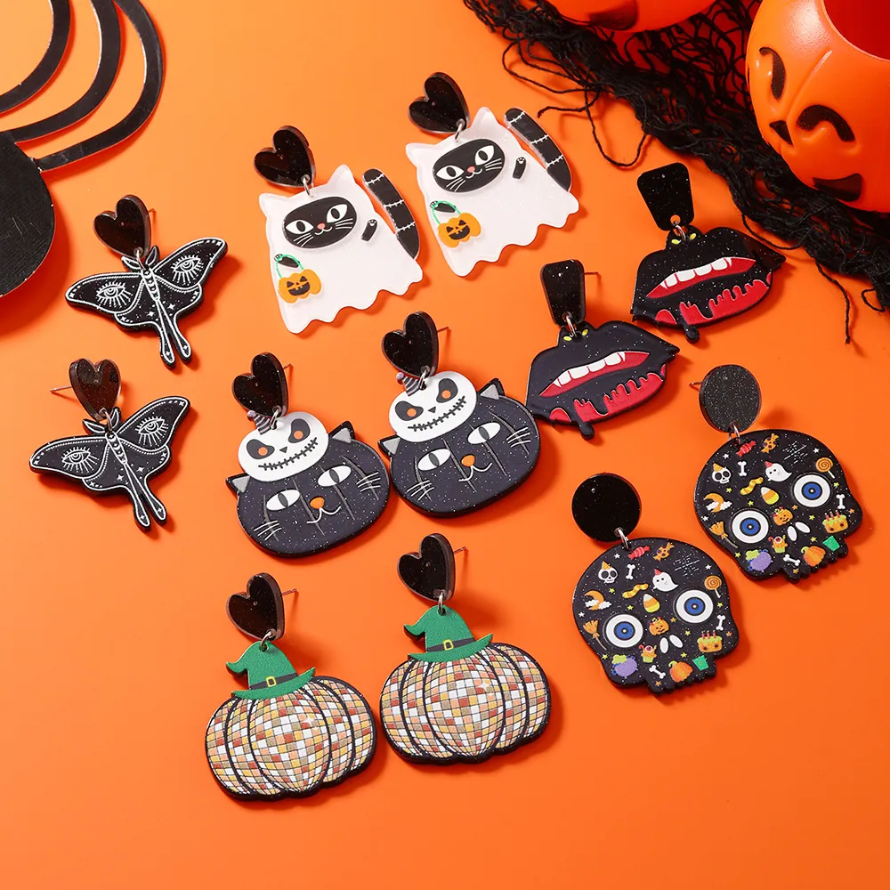 Halloween Acrylic Skull Pumpkin Ghost Drop Earrings Stainless Steel Post Gothic Party Jewelry For Women Girls