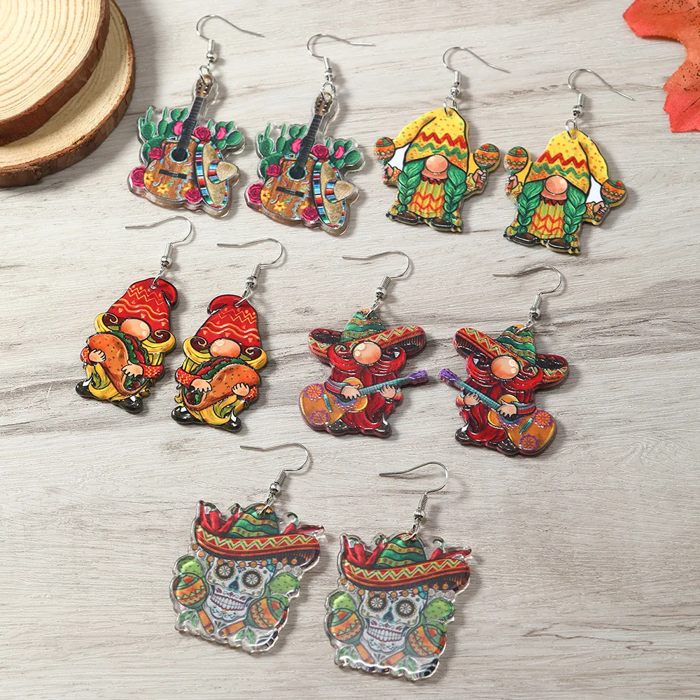 Mexicain Cinco De Mayo Jour Des Morts Boucles d'Oreilles Acrylique Femmes Coloré Gnome Guitare Crâne Sombrero Taco Bijoux Ethniques Fête