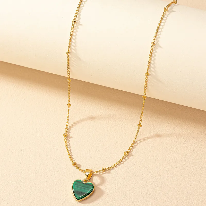 Elegant Alloy Heart Pendant Necklace Green Malachite Look Stone Satellite Chain Gold Silver Plated Jewelry For Women Gift