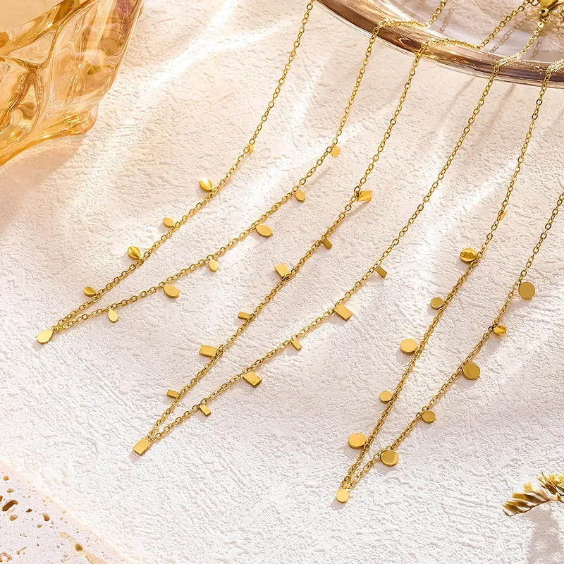 Minimalist Stainless Steel Gold Plated Multi Geometric Disk Charm Necklace For Women Dainty Chain Fashion Jewelry Gift