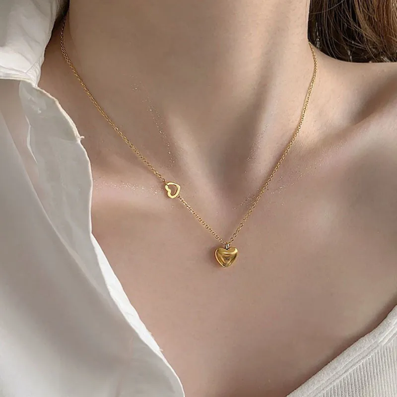 Double Heart Pendant Necklace Stainless Steel 18K Gold Plated Hollow Solid Heart Choker O-Chain For Women Fashion Jewelry