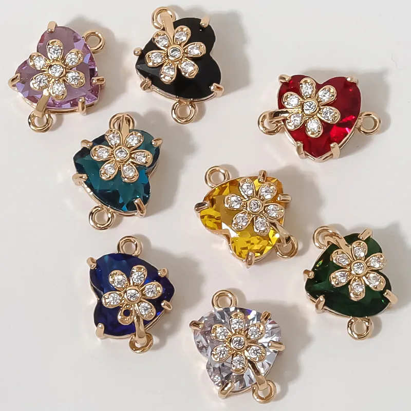 Colgante de Corazón y Flor de Cobre con Strass Conector de Joyería para Bricolage Collar Pendientes Accesorios Charm