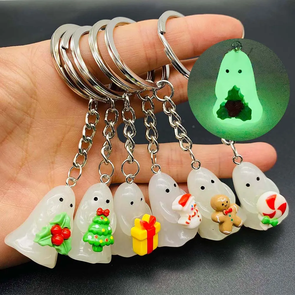 Glow In The Dark Ghost Keychain Resin Christmas Halloween Keyring Spooky Cute Spirit Pendant For Backpack Bag Decor Gift
