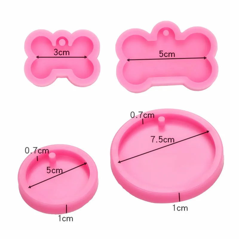 Silicone Dog Bone And Round Pendant Mold For DIY Resin Casting Keychain Handmade Tag Jewelry Tools Pink Transparent Mold