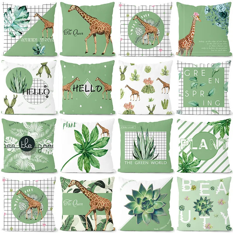 Moderner Kissenbezug Im Nordischen Stil Aus Superweichem Plüsch Tropische Grüne Pflanze Giraffe Aquarelldruck Dekorativer Quadratischer Kissenbezug Für Das Sofa