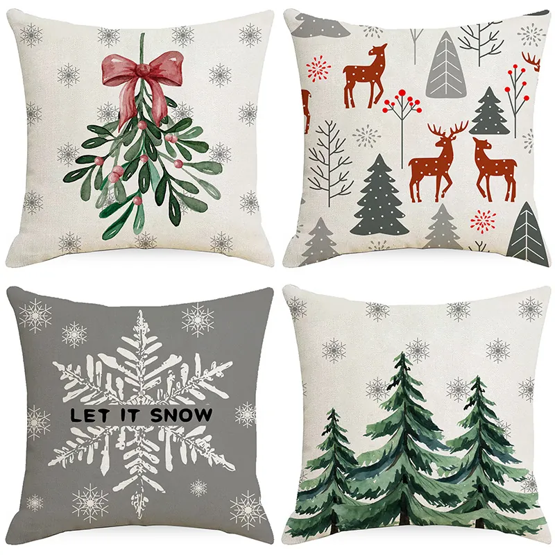 Federa Natalizia in Poliestere Effetto Lino Con Motivo Albero e Fiocco di Neve Copricuscino Decorativo per Divano Casa