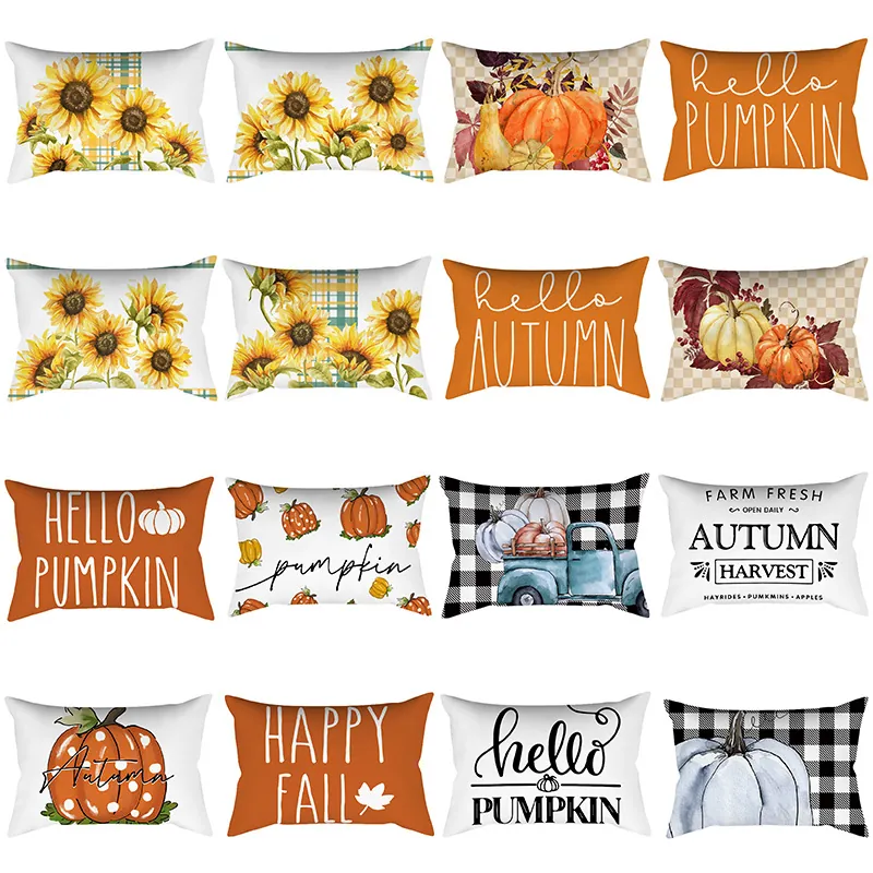 Funda de Cojín de Acción de Gracias de Otoño Girasol Calabaza Hoja de Arce Estampado Funda de Almohada Decorativa Sofá