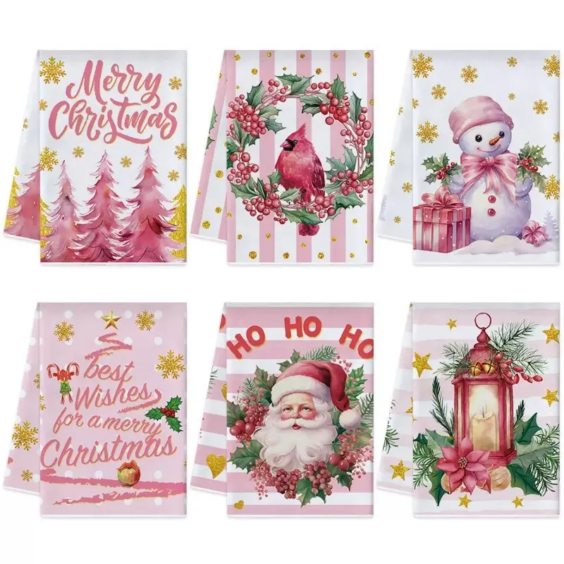 Noël Cuisine Serviette Microfibre Chiffon Vaisselle Rose Arbre de Noël Bonhomme de Neige Festif Table Décoratif Suspendu Serviette