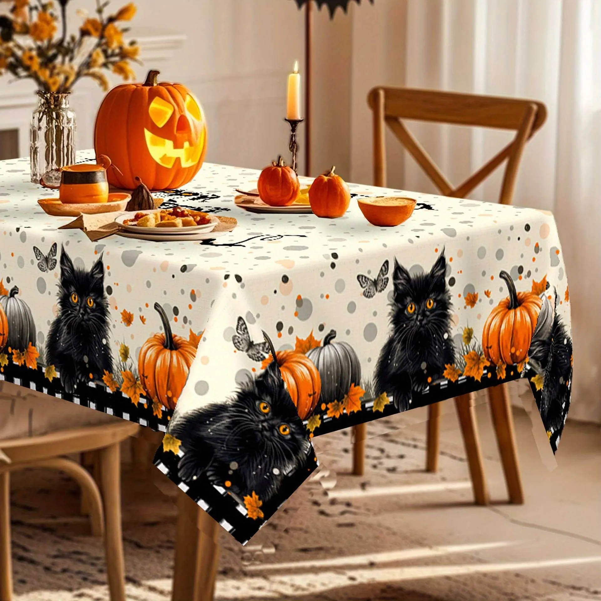 Halloween Spooky Tablecloth Polyester Ghost Pumpkin Black Cat Pattern Rectangular Dining Table Cover Party Home Decor