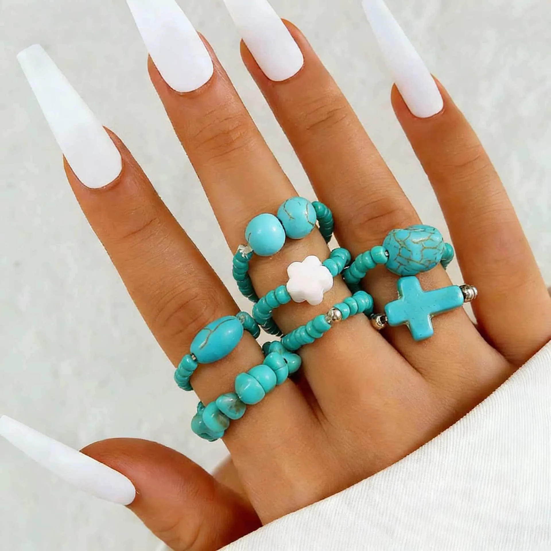 Vintage Böhmisch Türkis Künstliche Perlen Ringe Für Damen Ethnisch Künstliche Perlen Kreuz Blume Geometrisch Harz Legierung Stapelbar Fingerringe Schmuck