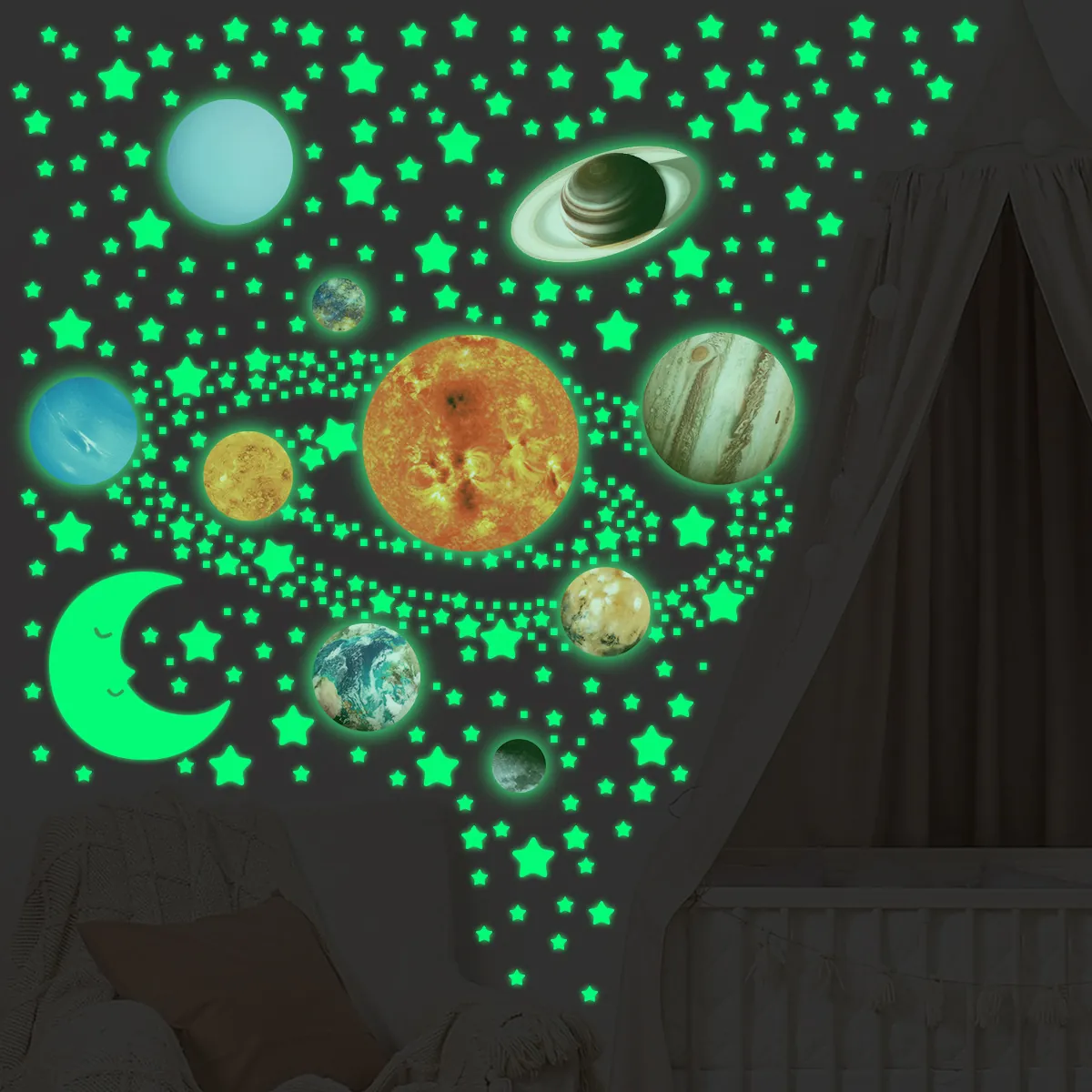 Glow In The Dark Solar System Wall Stickers For Ceiling Planets Moon Stars Luminous Fluorescent PVC Adhesive Space Room Decor For Kids