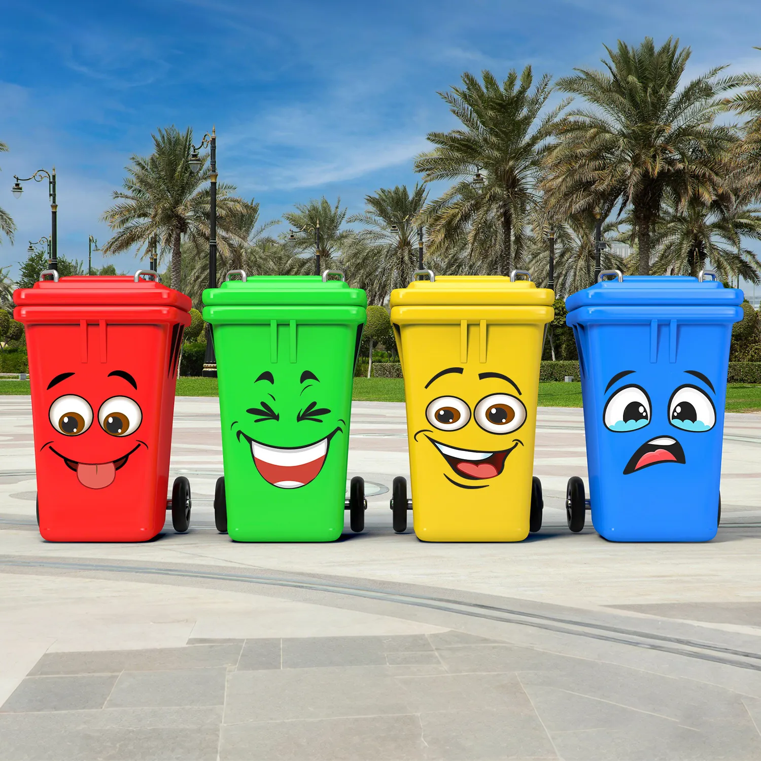 Funny Cartoon Expression Trash Can Stickers PVC Waterproof Self Adhesive Emoji Decals For Waste Bin Kitchen Decor