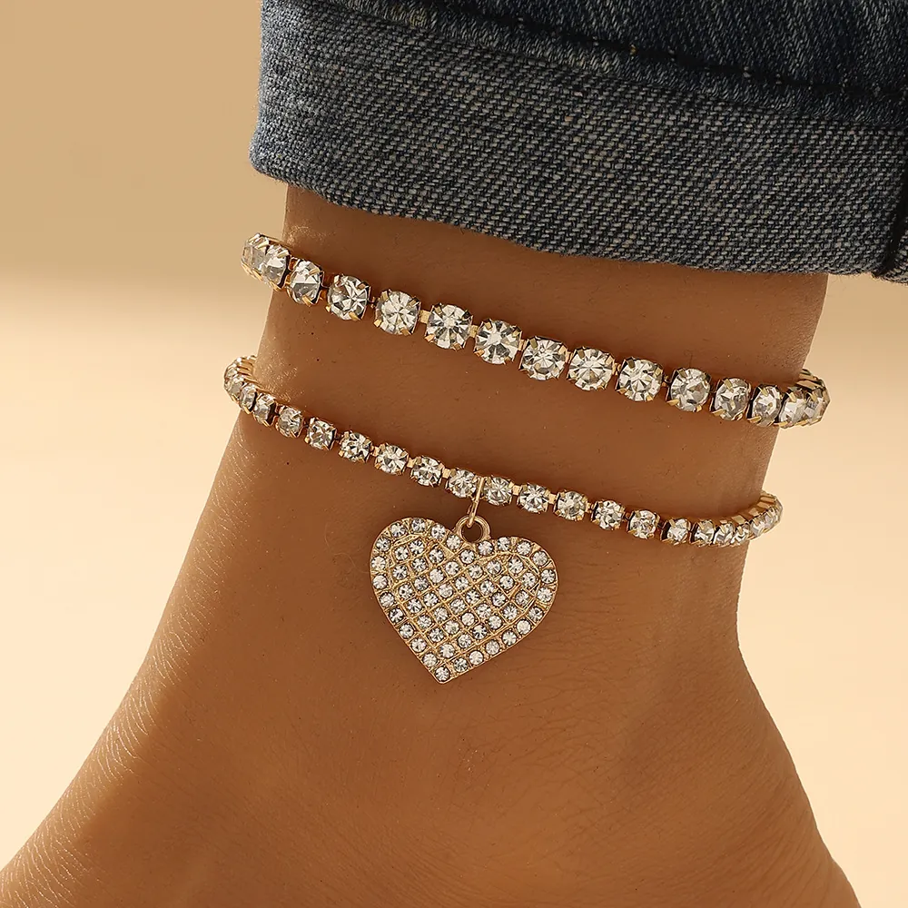 Sparkling Rhinestone Heart Butterfly Anklet Set For Women Sexy Beach Foot Jewelry Alloy Crystal Tennis Chain Adjustable Summer Jewelry Gift