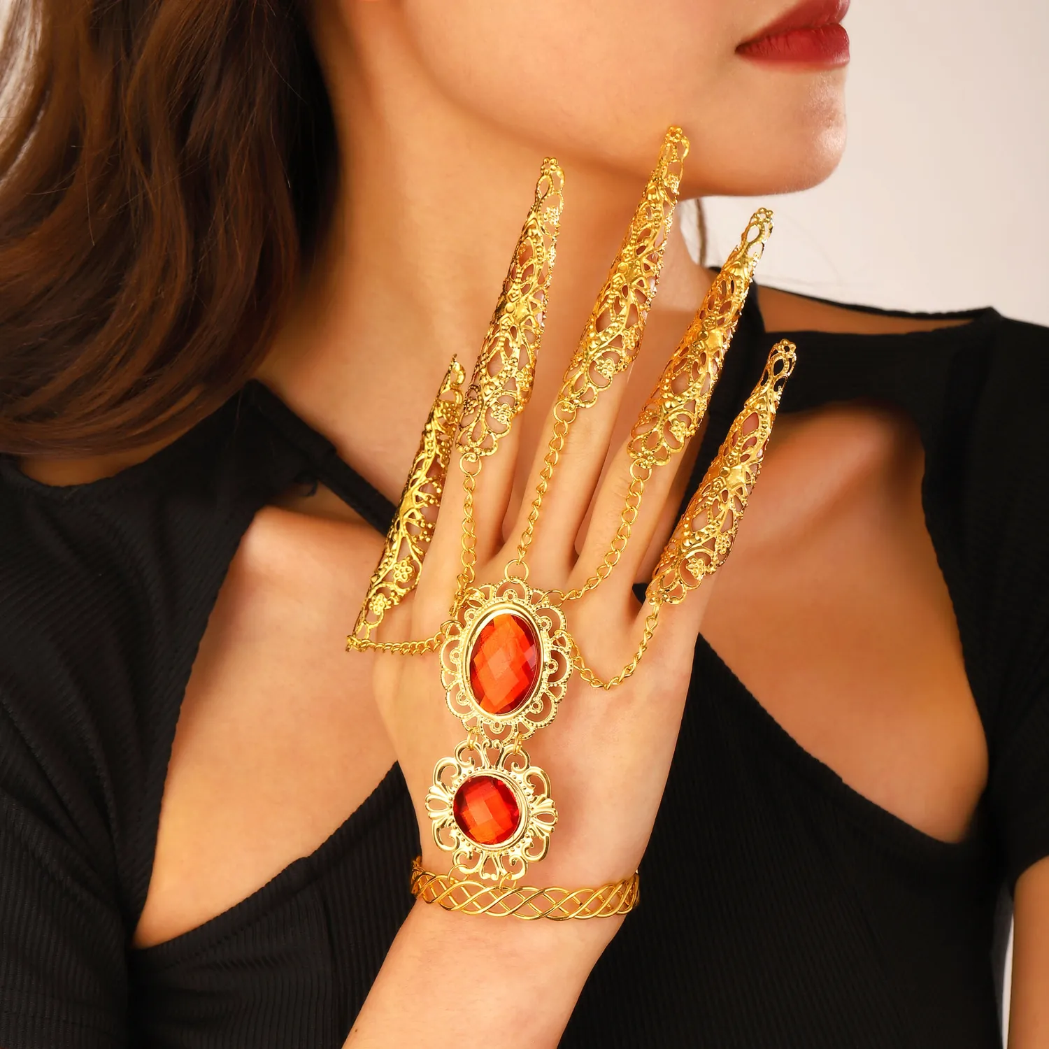 Brazalete de Esclava de Aleación de Oro Étnico Con Armadura de Dedo Hueca Y Gema para Danza Del Vientre Mujer