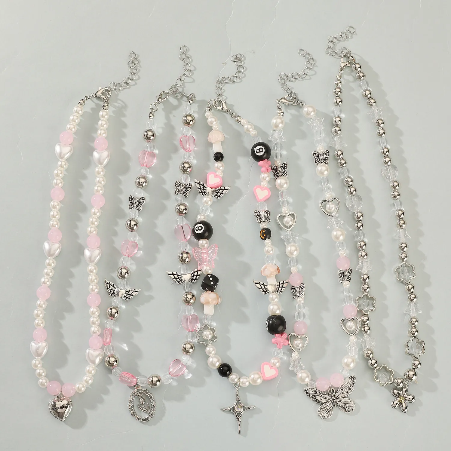Retro Gothic Y2K Metal Butterfly Cross Star Flower Pendant Pearl Beaded Necklace For Women Trendy Fashion Jewelry