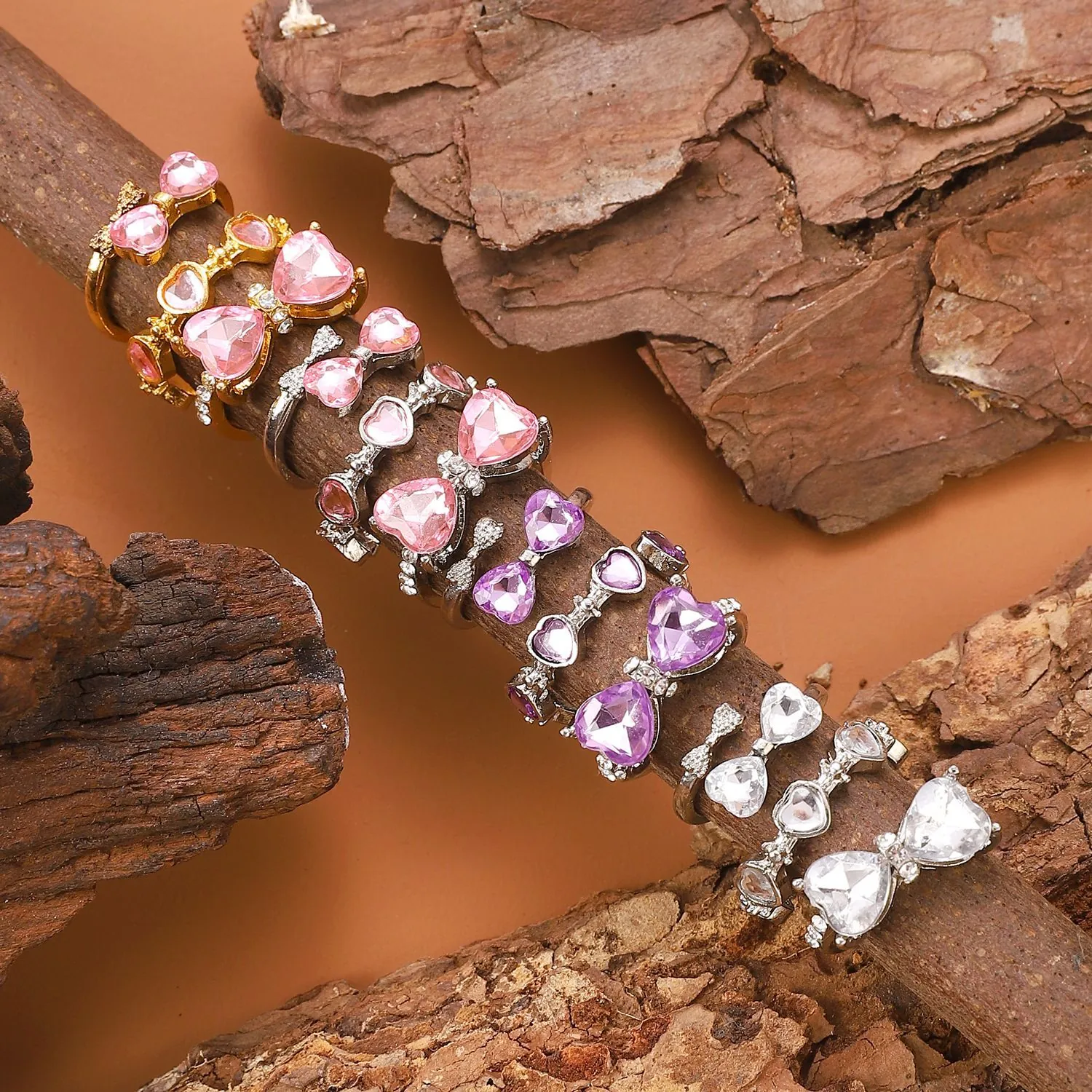 Juego de Anillos de Corazón con Lazo de Aleación Estilo Ins para Mujer Juego de 3 Anillos Ajustables de Circonia Joyería de Moda