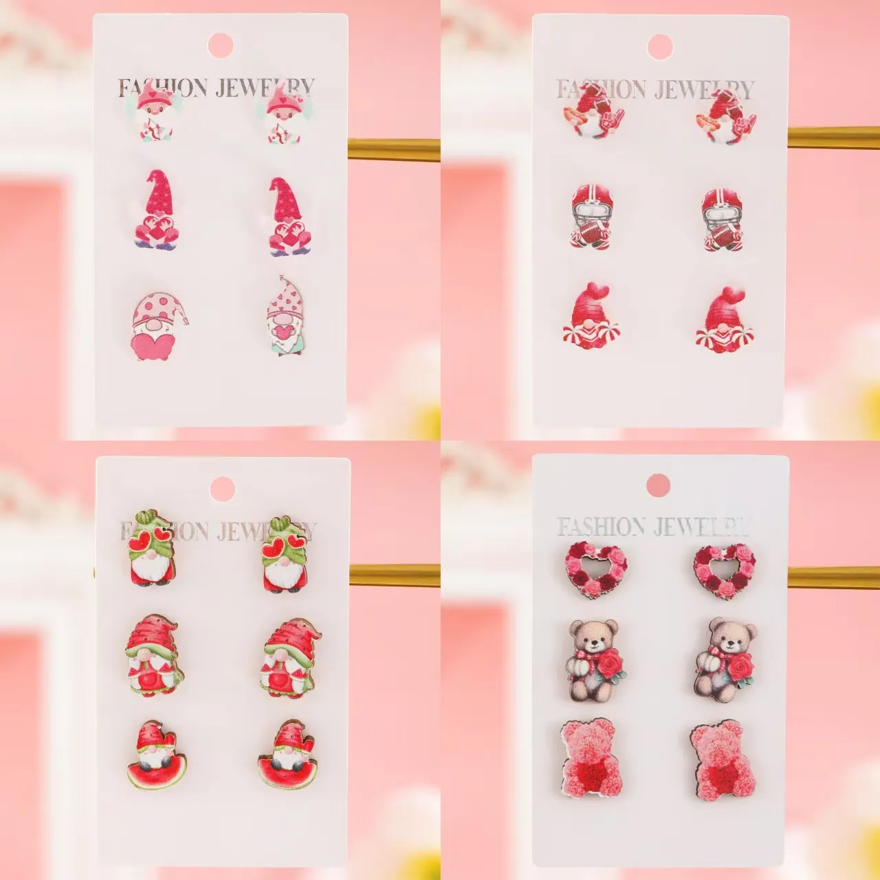 Valentinstag Cartoon Gnom Herz Bär Ohrringe Kollektion Acryl Holz Stecker Hänger Süßer Rosa Schmuck Für Damen Geschenk
