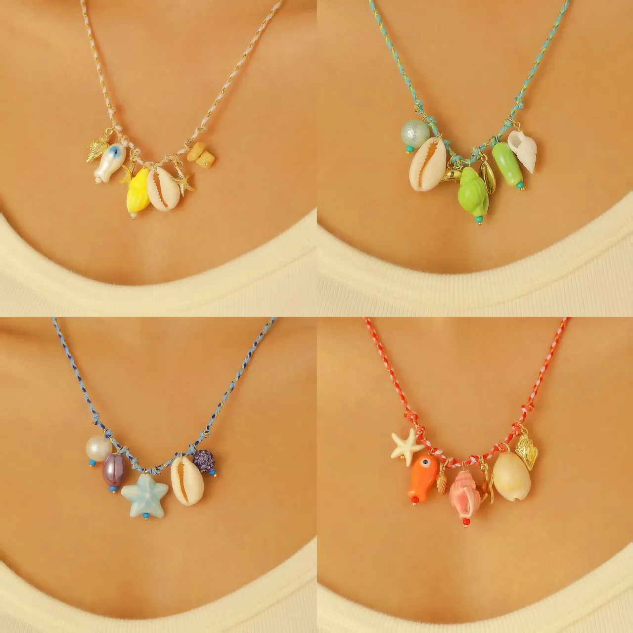 Collana con Pendente a Forma di Stella Marina e Conchiglia Boemia Corda Intrecciata Colorata Pesce in Ceramica Gioielli da Spiaggia