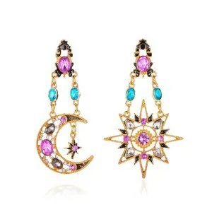 Baroque Asymmetric Earrings Sun Moon Star Alloy Colorful Rhinestone Vintage Long Drop Jewelry For Women
