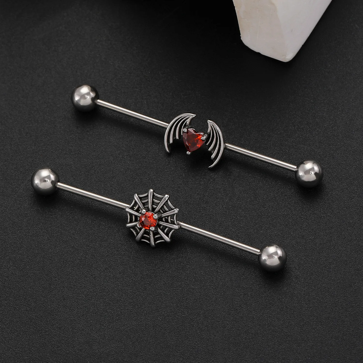 Stainless Steel Gothic Halloween Industrial Barbell Earrings For Women Spider Web Bat Wing Rhinestone Sword Snake Jewelry