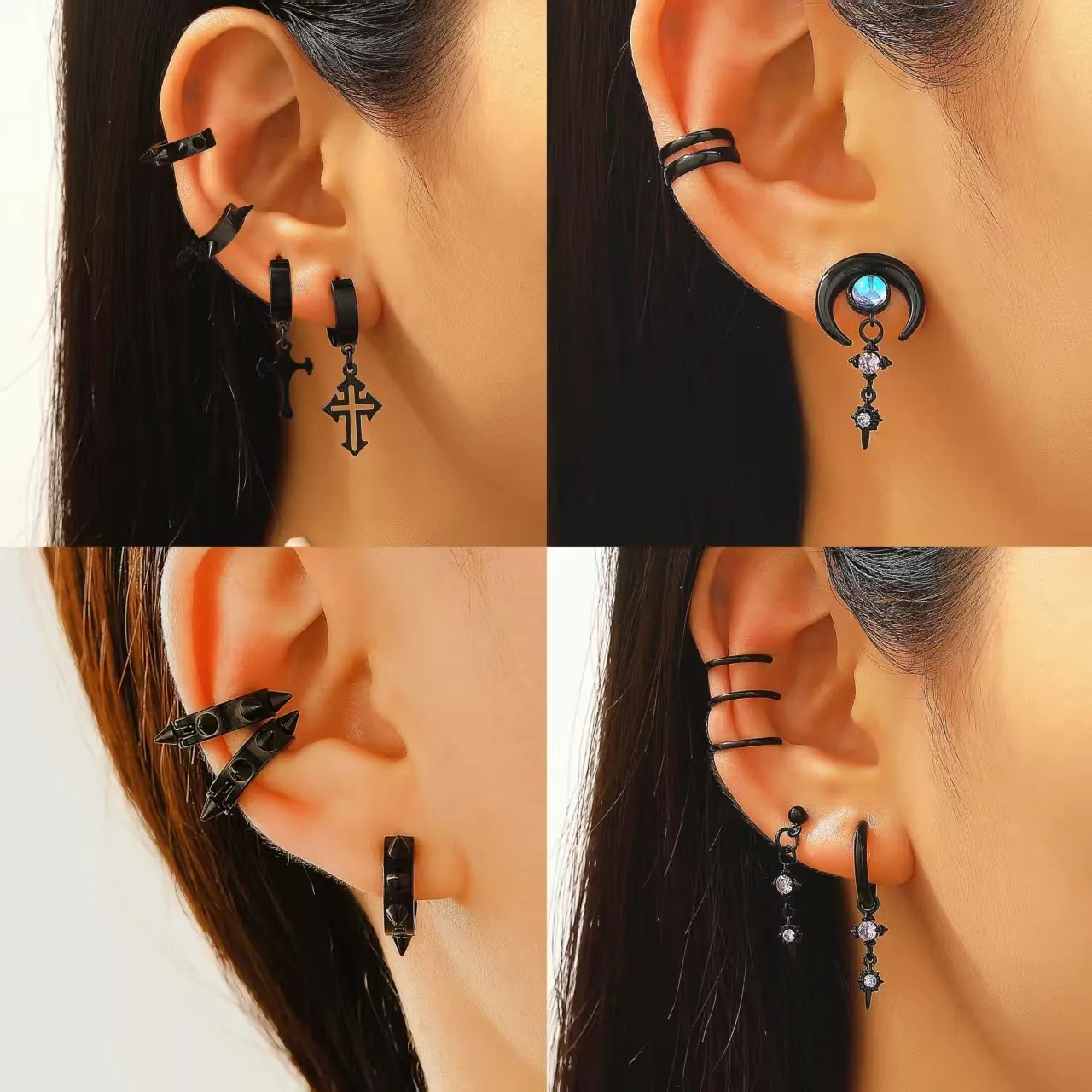 Punk Stainless Steel Spike Rivet Earring Set Gothic Black Cross Moon Ear Cuff Hip Hop Streetwear Jewelry For Women Men