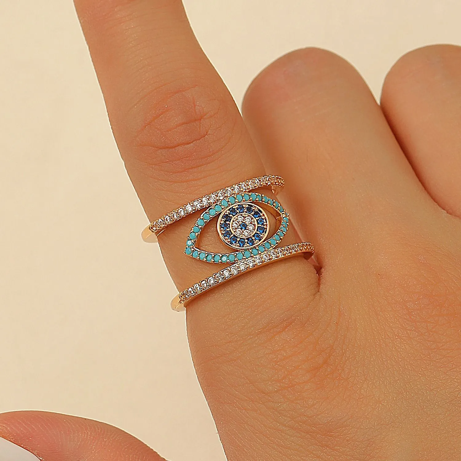 Retro Copper Evil Eye Open Ring For Women Fashion Gold Color Enamel Zirconia Geometric Heart Adjustable Finger Ring Jewelry