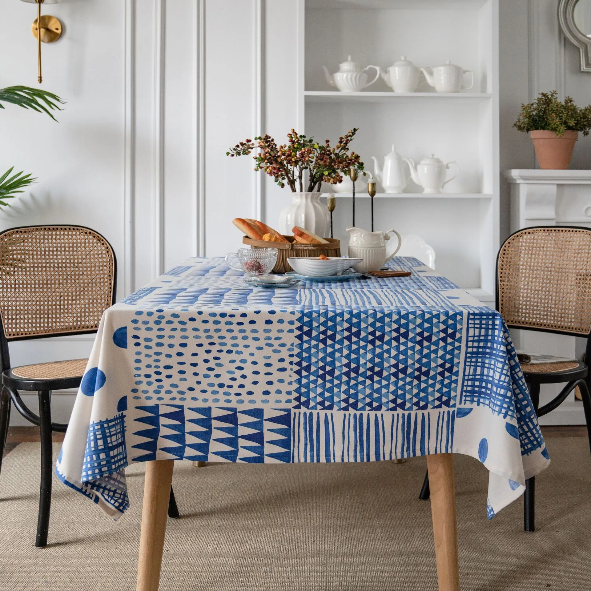 Modern Blue Geometric Patchwork Cotton Linen Tablecloth Rectangular Dustproof Decorative Table Cover For Kitchen Dining Room