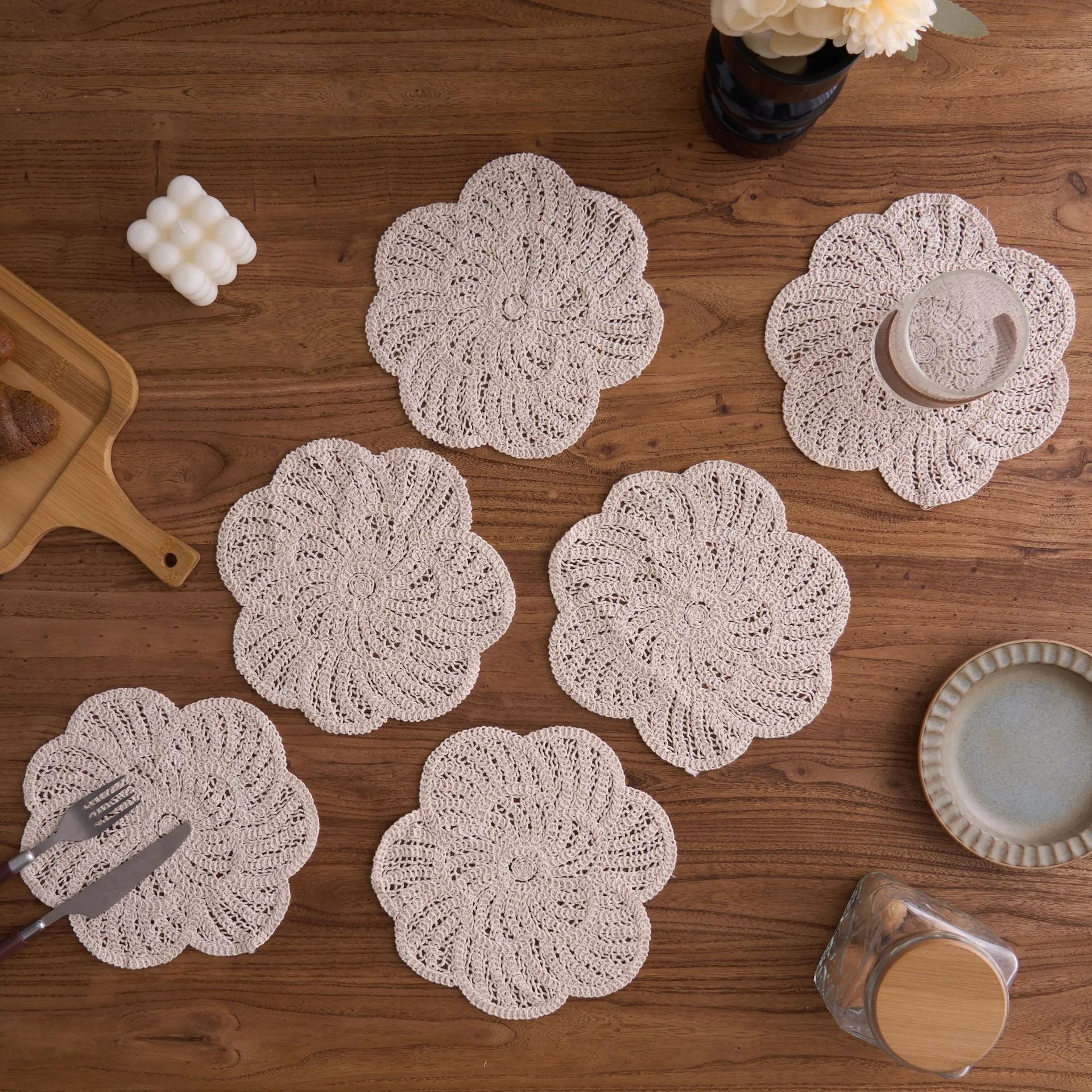 Handmade Cotton Crochet Coaster Lace Hollow Out Flower Heart Shape Heat Resistant Placemat Boho Home Table Decoration
