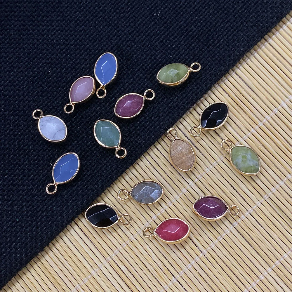 Natural Stone Marquise Faceted Pendants Gold Plated Alloy Edge Black Agate Turquoise Rose Quartz Charms For DIY Jewelry Making Pendants