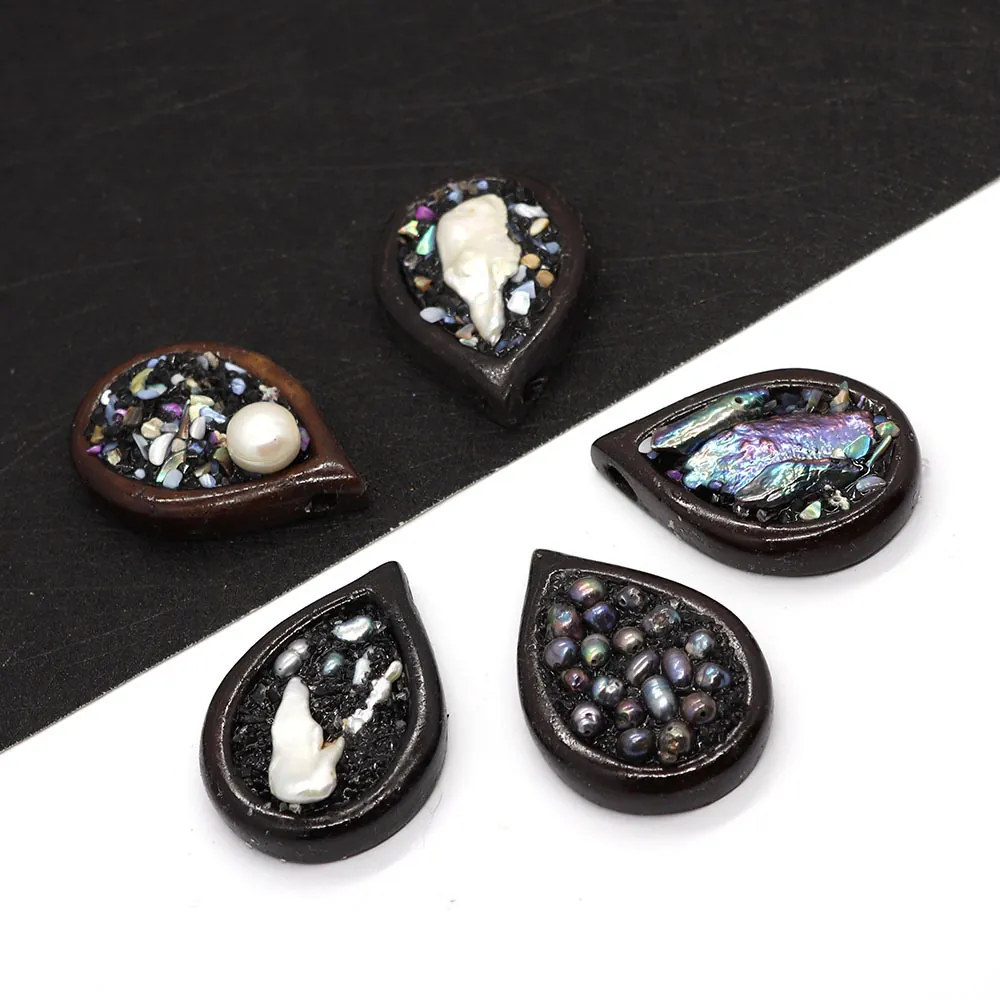 Pendentif Goutte d'eau en Perle d'eau Douce Naturelle et Coquille d'Abalone pour Création de Bijoux DIY Style Artisan Vintage en Résine