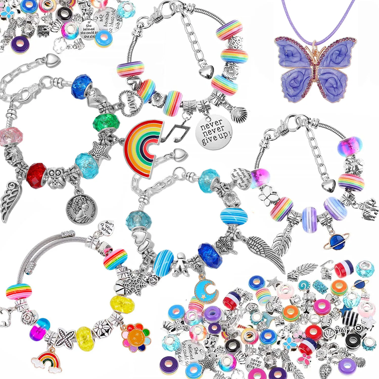 DIY Jewelry Making Kit Rainbow Butterfly Alloy Beads Pendants For Bracelets Necklaces Girls Birthday Party Gift Crafts Making Accessory