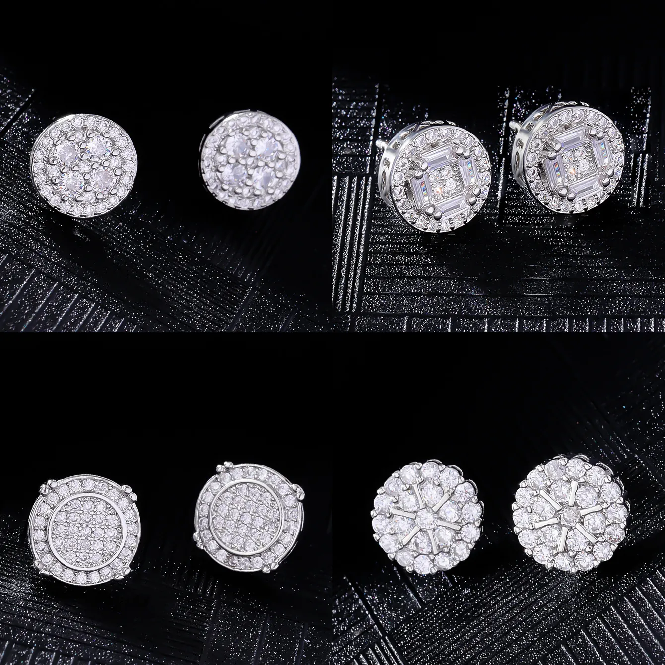 Men Hip Hop Round Stud Earrings Copper Inlaid Zirconia Silver White K Dainty Bling Sparkling Jewelry Earring Accessory Gift