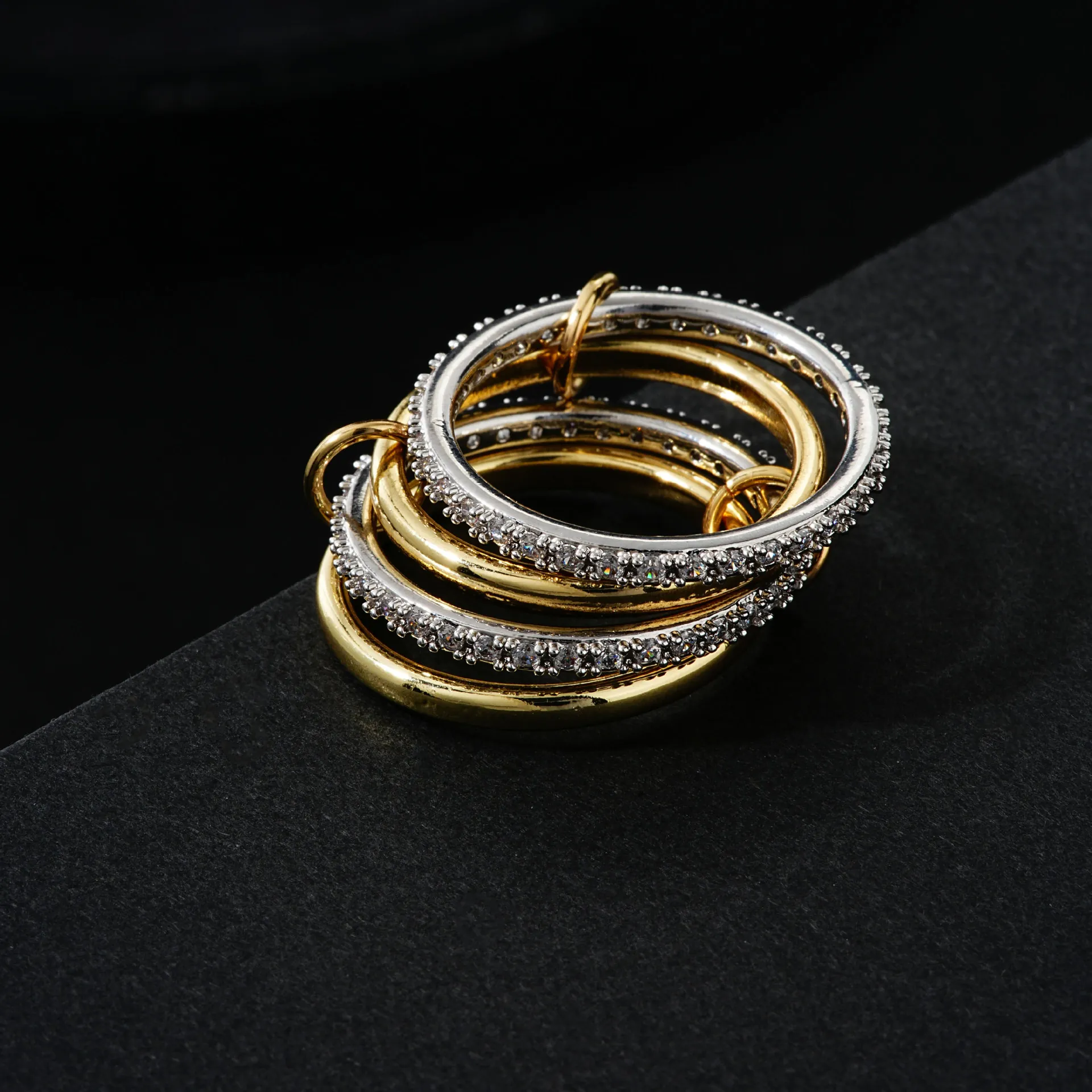 Vintage Hip Hop Two-Tone Stacking Copper Ring For Women Men Geometric Decorative Rhinestone Inlaid Double Color Jewelry Gift