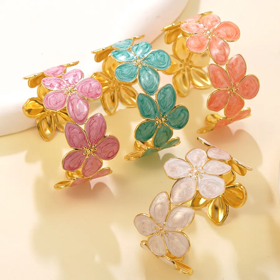 Bracciale a Cerchio Aperto in Acciaio Inossidabile Smaltato a Forma di Fiore e Cavalluccio Marino Gioielli Donna