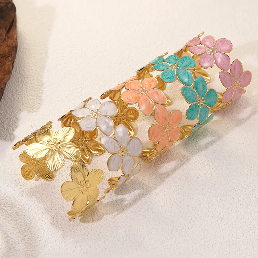 Vintage Roestvrij Staal Emaille Bloem Armband Voor Vrouwen Elegante Florale Open Armband Mode Sieraden Accessoire Cadeau